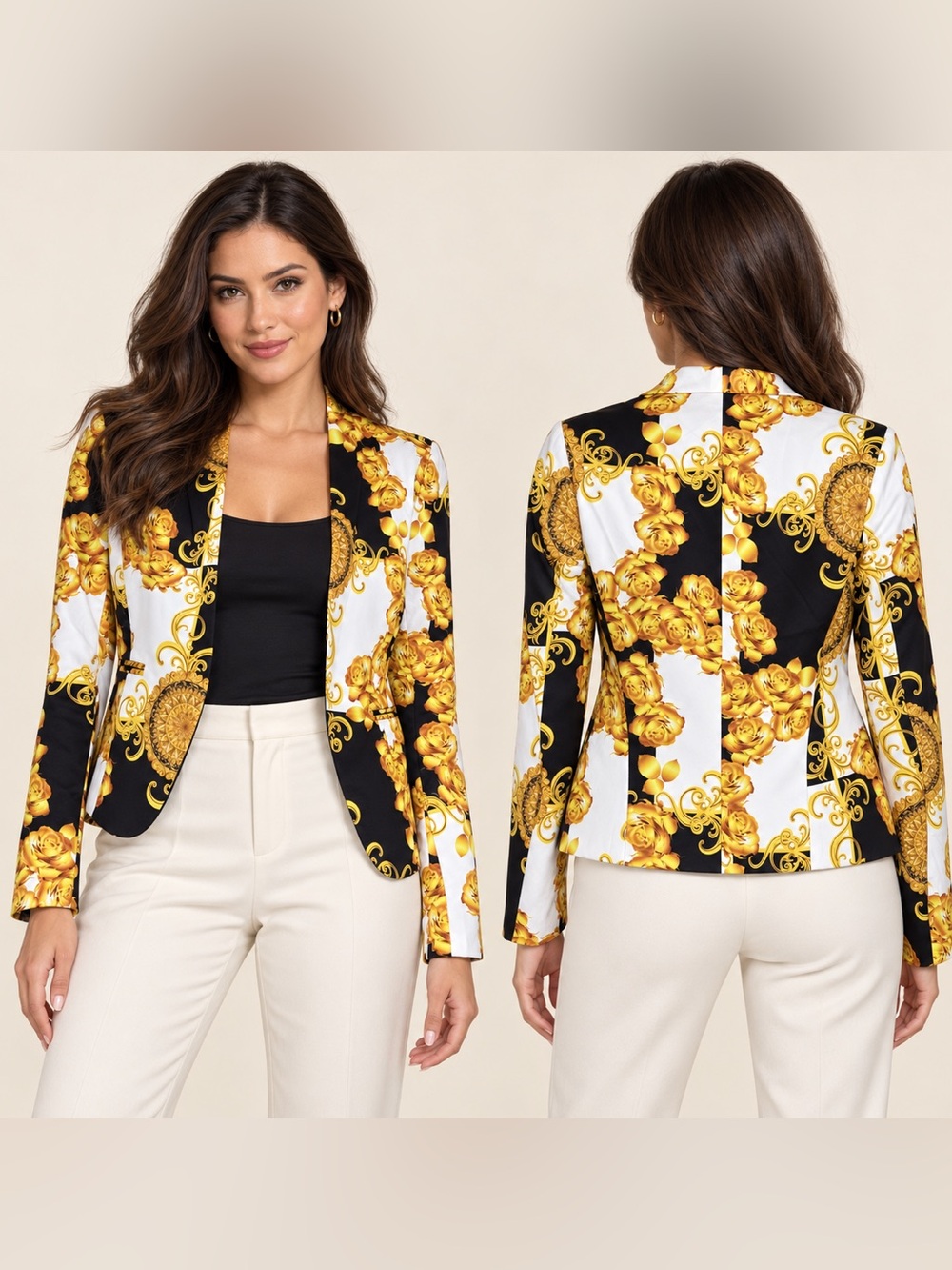 Ovi Black, White & Gold Baroque Floral Print Blazer